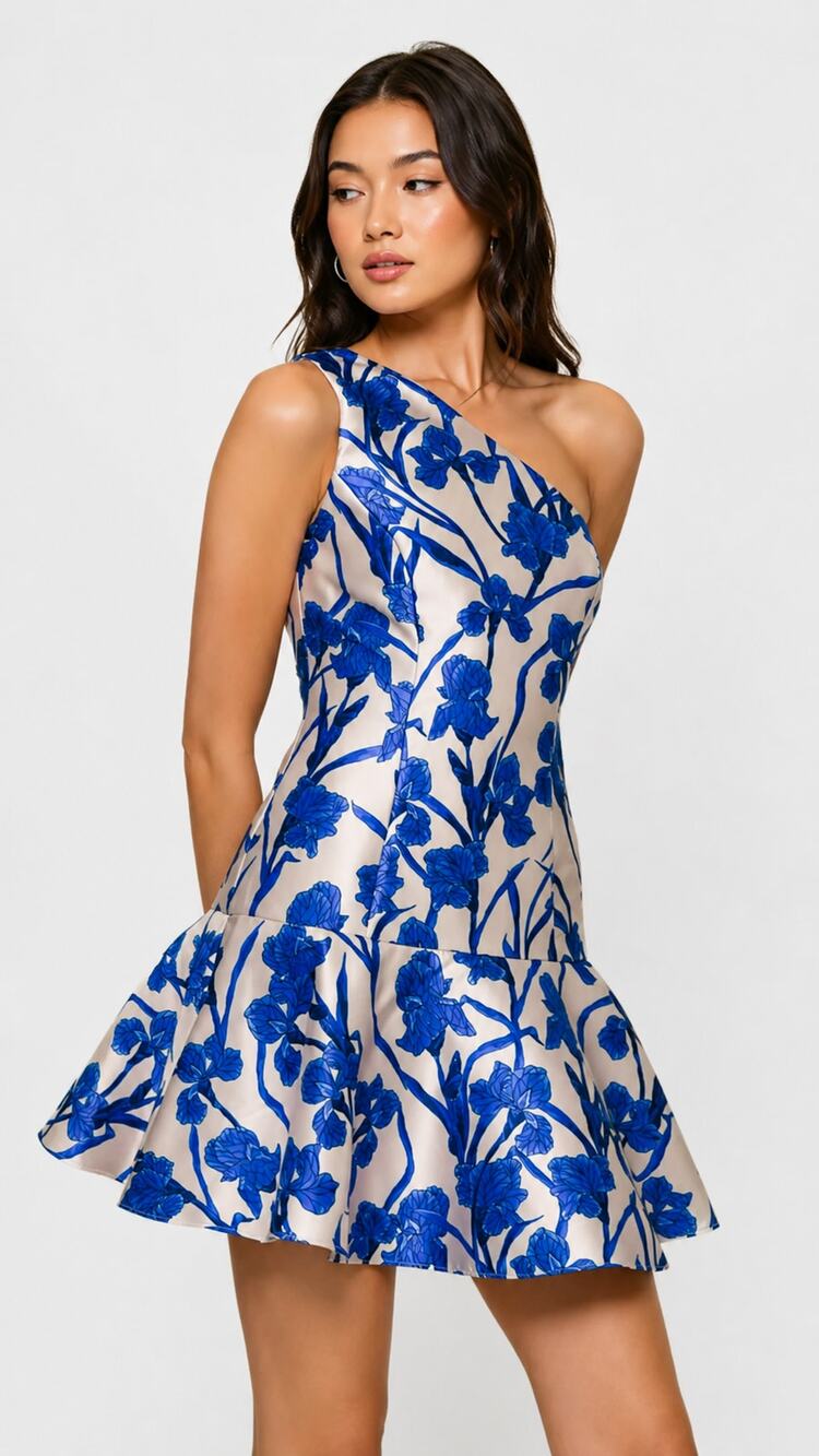 Hutch Silas Floral Print One Shoulder Mini Cocktail Dress Blue Womens Size 8 New